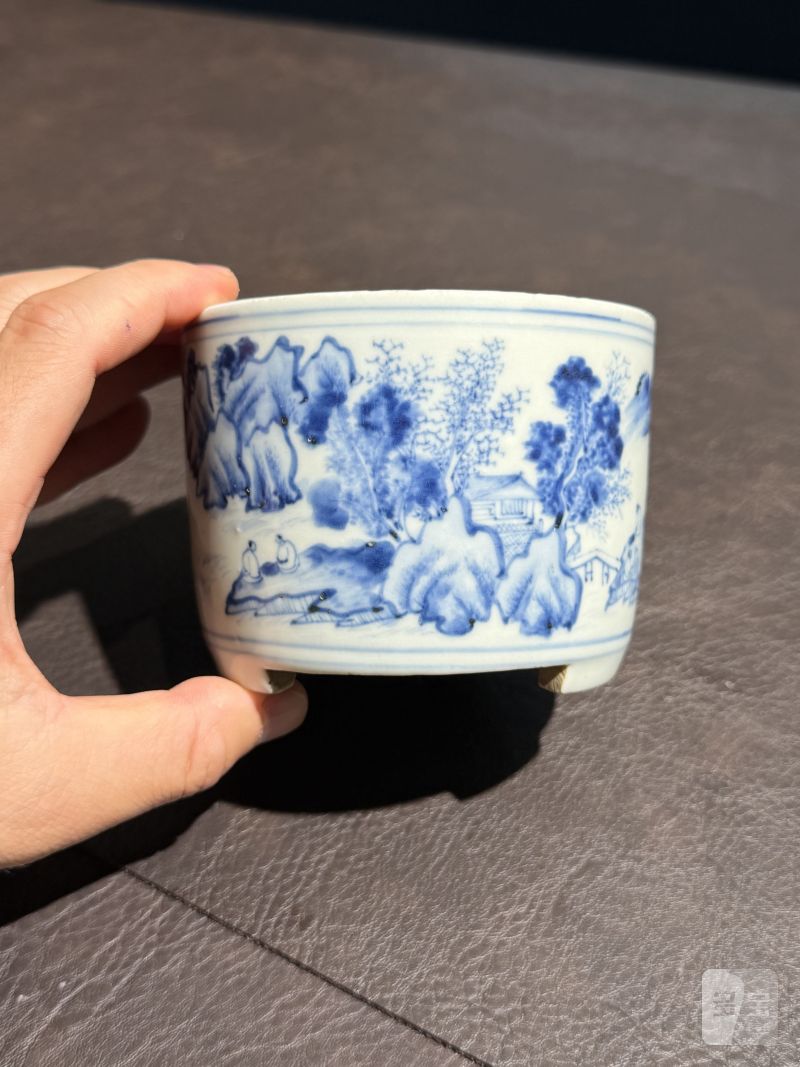 明崇祯 青花山水人物纹琴炉 - 图4